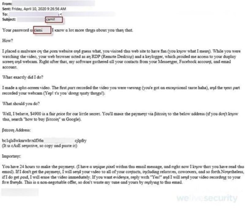 Ejemplo de una campaña de estafa de sextorsión que hace referencia a contraseñas filtradas en antiguos incidentes de seguridad