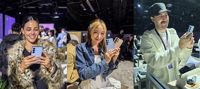 Miembros de #TeamGalaxy disfrutan de su primera experiencia práctica con los nuevos dispositivos. (De izquierda a derecha: @lucianafusterg, @supercatkei, @nessajkek)